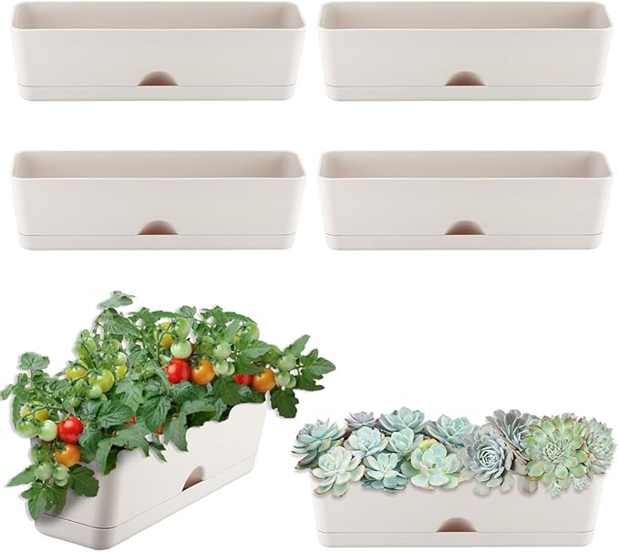6 Pack Rectangle Planter 16x4.4 Inch Window Boxes Planters Rectangular Large Window Sill Planters Indoor Self Watering Plant Pots with Drainage Holes and Saucers Succulent Herb Flower Pots, Light Grey KvyusFlourish
