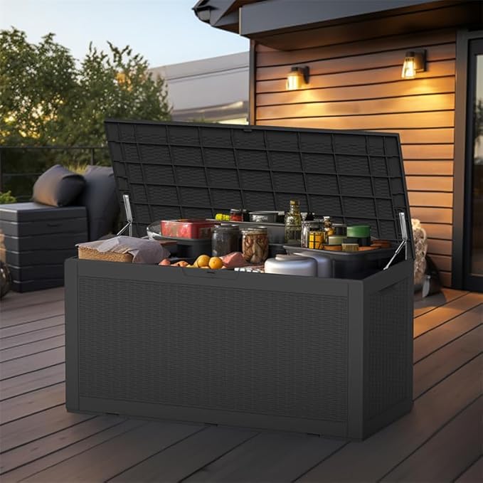 120 Gallon Outdoor Deck Box, Lockable Waterproof Outdoor Storage Boxes For Garden Tools,Indoor Cushions,Accessories Outside Storage Resin Weatherproof Container(Black) MAIUSCOLI