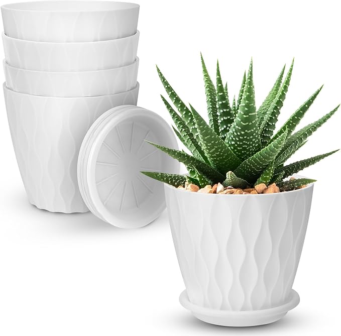 4 inch Plant Pots, 5 Pack Flower Pots Outdoor Indoor, Planters with Drainage Holes and Tray Saucers（White） AFamilyofGardenLovers