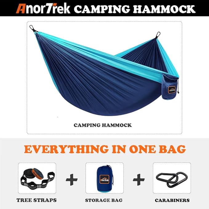 Camping Hammock, Super Lightweight Portable Parachute Hammock with Two Tree Straps Single or Double Nylon Travel Tree Hammocks for Camping Backpacking Hiking AnorTrek