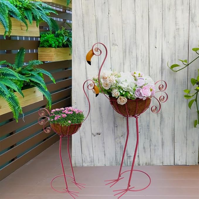 Metal Flamingo Planter with Basket -Garden Bird Planters for Outdoor Indoor Lawn,Yard,Porch,Patio, Garden Decorations（Set of 2） COOZZYHOUR