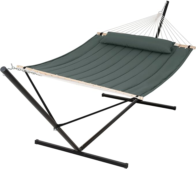 SUNCREAT Standing Hammock with 15 ft Stand, Hammocks for Outside, Gray Green SUNCREAT