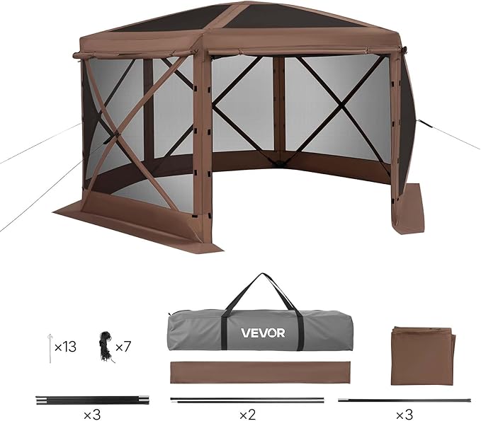 VEVOR Pop up Gazebo Screen Tent, 12 x 12 ft Large 6-Sided Camping Canopy Tent with Removable Top & Carry Bag, Quick-Set & Bite-Proof, Screen House Sun Shelter for 8-10 Persons Backyard Patio, Brown VEVOR