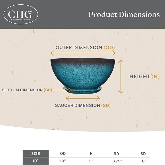 Classic Home and Garden Rosie Modern Planter w/Drainage - Contemporary Planter Bowls - Shallow Round Vases for Small Plants - Versatile Indoor & Outdoor Pots (10” Indigo Speckle) ClassicHomeandGarden