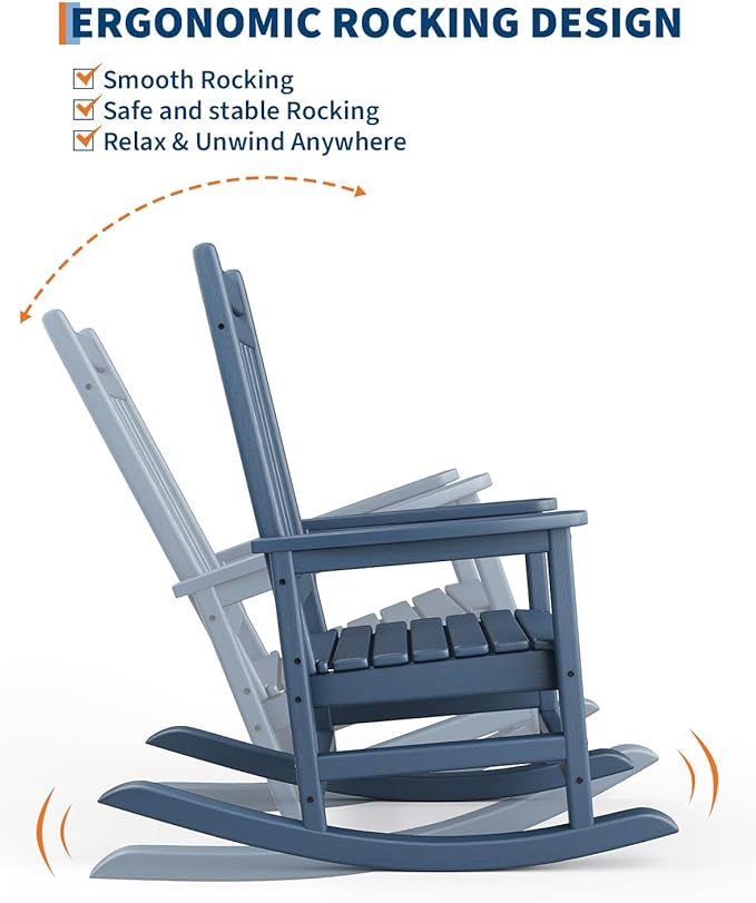 GarveeLife Poly Lumber Rocking Chair Outdoor Set of 4 - HDPE High Back Porch Rocker Chairs for Adults - All Weather Resistant Furniture for Patio - Navy Blue GarveeLife