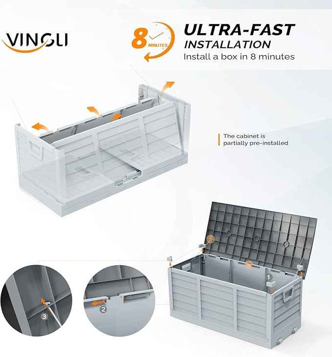 VINGLI 75 Gallon Collapsible Outdoor Storage Box, Simple-to-assemble Plastic Storage Containers with Lid, Patio Deck Box Furniture for Garden, Pool, Balcony, Yard (Grey)