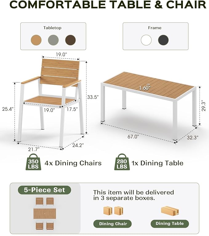 5-Piece Outdoor Dining Set, Aluminum Dining Table Set for 4, Patio Table and Chairs Set with Umbrella Hole, All Weather HDPS Outdoor Table and Chairs for 4 (White-Teak) Vexwalx