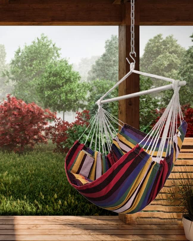 XXL Hammock Chair Hanging Rope Swing with 2 Cushions - Max 500lbs-Perfect for Patio, Porch, Bedroom, Backyard, Indoor or Outdoor - Includes Hanging Hardware Kits Rainbow Lulladle