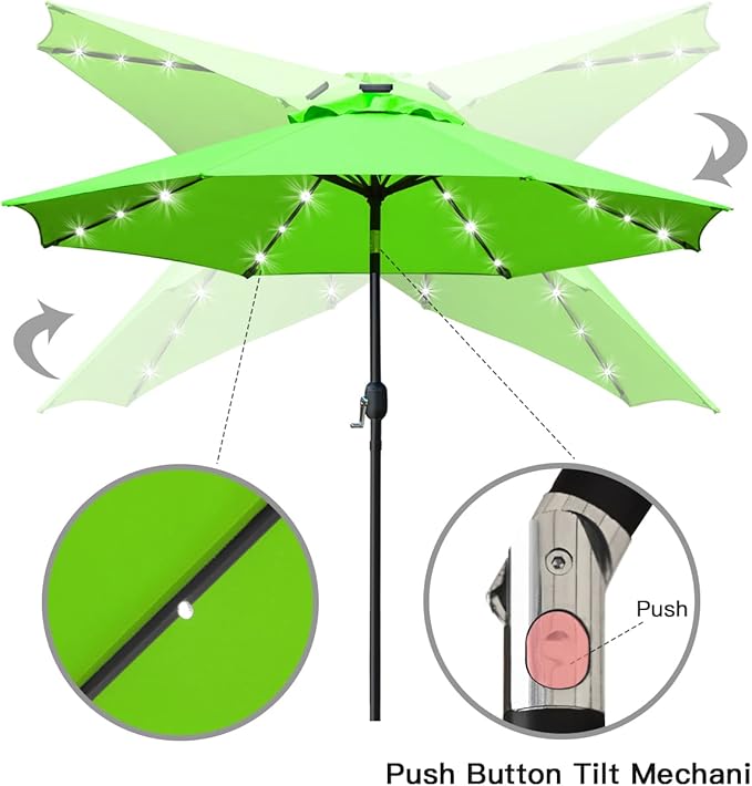 Sunnyglade 9' Solar LED Lighted Patio Umbrella with 8 Ribs/Tilt Adjustment and Crank Lift System (Grass Green) Sunnyglade
