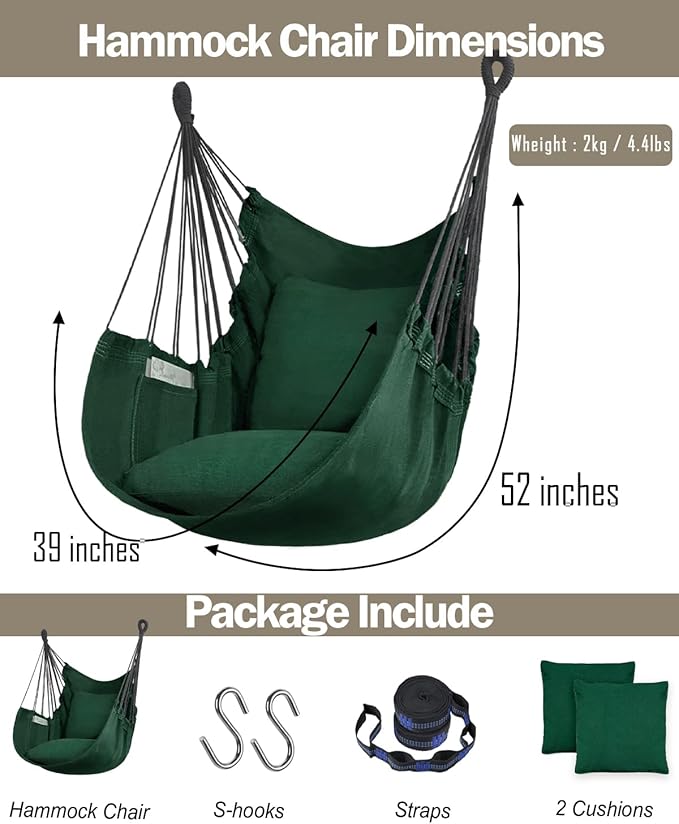 Halalona Hammock Chair Hanging Hammock Chair Rope Swing 2 Cushions Included-Sturdy & Durable Soft Cotton Hand Woven Hammock Swing for Bedroom, Porch, Patio-Indoor/Outdoor Halalona