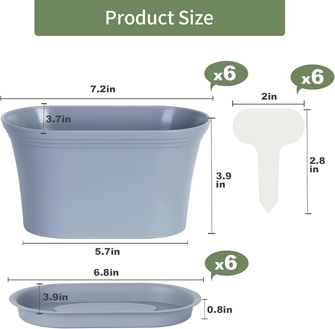 Windowsill Herb Garden Planter with Tray, Set of 6 Grey Oval Farmhouse Garden Pots for Indoor/Outdoor Plants (No Seeds) Oliz