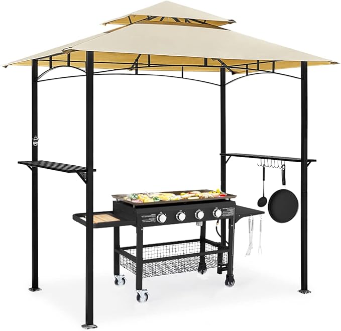 AECOJOY 8' x 5' Outdoor Grill Gazebo Canopy, BBQ Canopy for Outdoor Grill, 2- Tier BBQ Gazebo Shelter for Patio, Backyard and More (Beige) AECOJOY