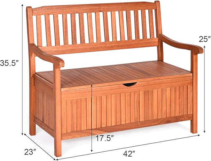 Tangkula Outdoor Wood Storage Bench Deck Box, Entryway Porch Storage Bench with Inner Removable Dust-Proof Lining & Portable Handles, Eucalyptus Wood Loveseat for Garden, Lawn, Balcony & Yard TANGKULA