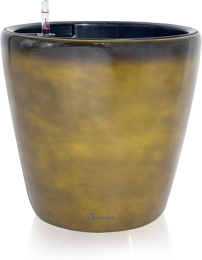 Dexceder 15x14 Self Watering Planter with Wheels Indoor Outdoor, Inner Pot Design, Thickened Large Floor Standing Flower Plant Pot with Water Level Indicator (Yellow Brown Gradient) Dexceder