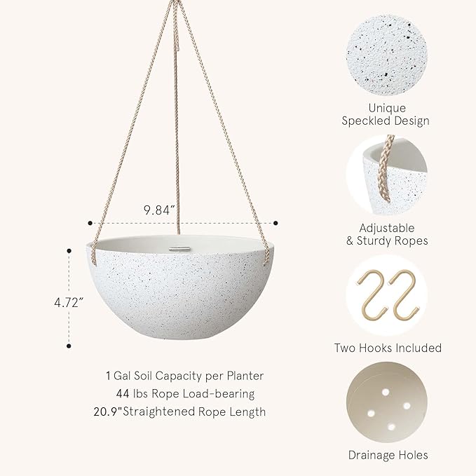 LA Jolie Muse Hanging Planters for Indoor Plants - Flower Pots Outdoor 9.84 inch Garden Planters and Pots,Speckled White Set of 2 LaJol%C3%ADeMuse