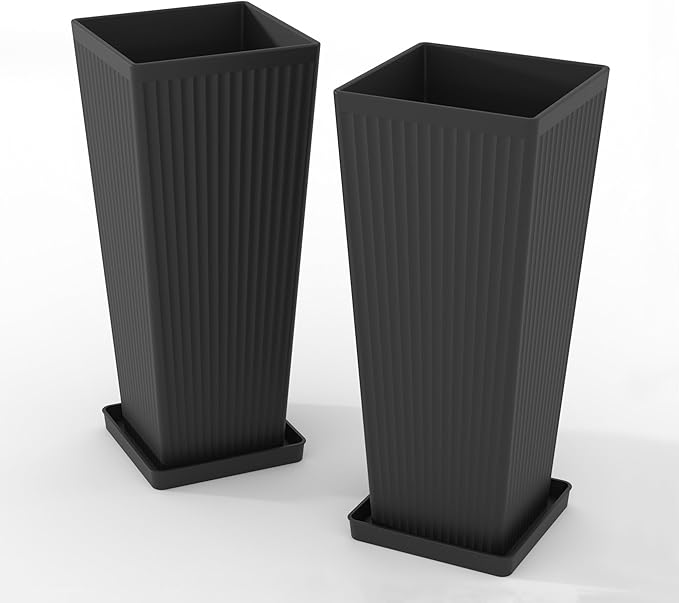 Tall Planters for Outdoor Plants Set of 2, 23.6" Large Taper Flower Plant Pots with Drainage Hole and Drainage Trays, Weather-Resistant Plastic planters for Patio, Porch, Garden, Black Rootora