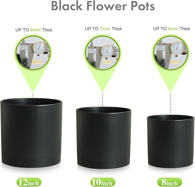 12/10/8 inch Large Deep Plant Pots, 3 Pack Tall Cylinder Flower Pots for Outdoor Indoor Plants, Plastic Planters with Drainage Holes and Saucers for Garden Porch House Plants, Black Meowell