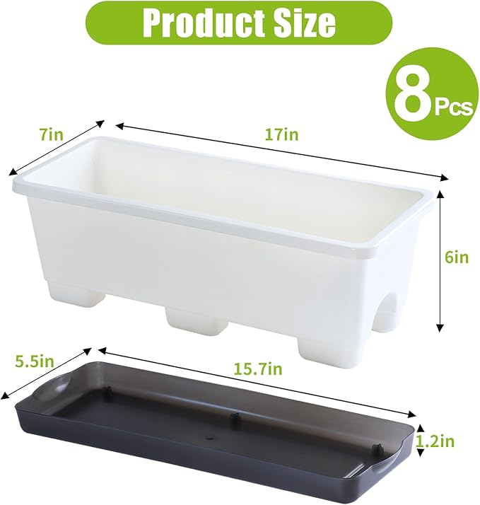 Window Box Planter 8 Pcs, 17 Inches Rectangle Flower Pots with Drainage Holes & Trays, Vegetable Planters for Windowsill Patio Garden Balcony Home Indoor Outdoor (White, 16 * 7 * 6 inch) Oliz