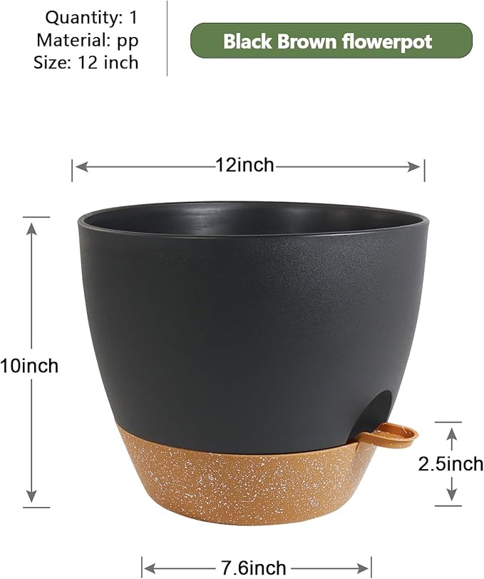 12 inch Large Self Watering Pots, Flower Plant Pots with Drainage Holes for Indoor Outdoor Garden Plants, Plastic Planters with Removable Deep Reservoir, Black with Brown WSMKSZ