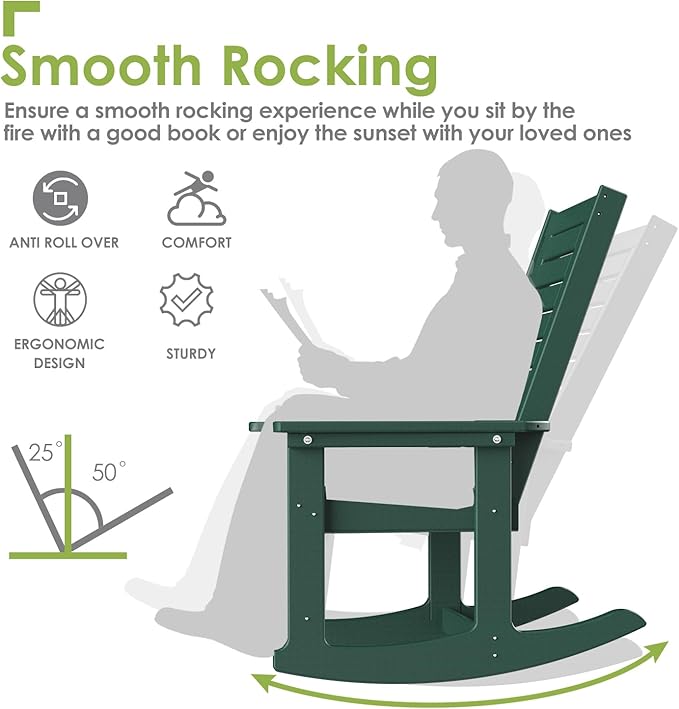 GREENVINES Outdoor Rocking Chairs | Set of 4 | Porch Rocker | HDPE Plastic | Forest | Oversized Rockers | High Back | Big & Tall | Ladder Back | for Patio Outside Backyard Balcony Garden GreenVines