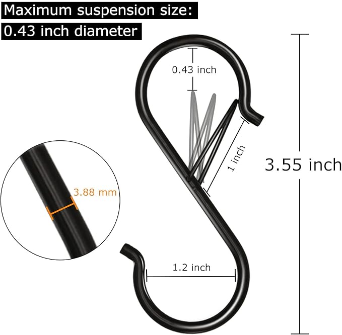 48 Pack S Hooks for Hanging, 3.5 inch Heavy Duty Metal S Hooks with Safety Buckle S Shaped Hooks Pot Rack Closet Hooks for Hanging Plants, Clothes, Kitchen Utensil, Pots, Pans, Bags (Black) Waitkey