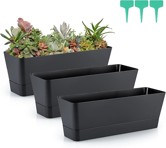 Skelang 3 Pcs Rectangular Plant Pot, 12" Flower Planter Box, Windowsill Container for Succulent, Herb, Vegetable (Black) Skelang