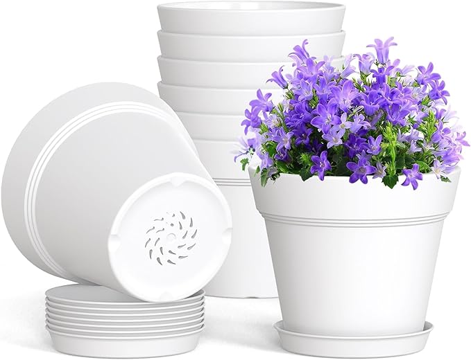 4 Inch Plastic Plant Pots with Drainage Holes and Trays – 8 Pack Small Nursery Pots for Indoor & Outdoor House Plants and Flowers, Seedling Starter Planters, White WSMKSZ