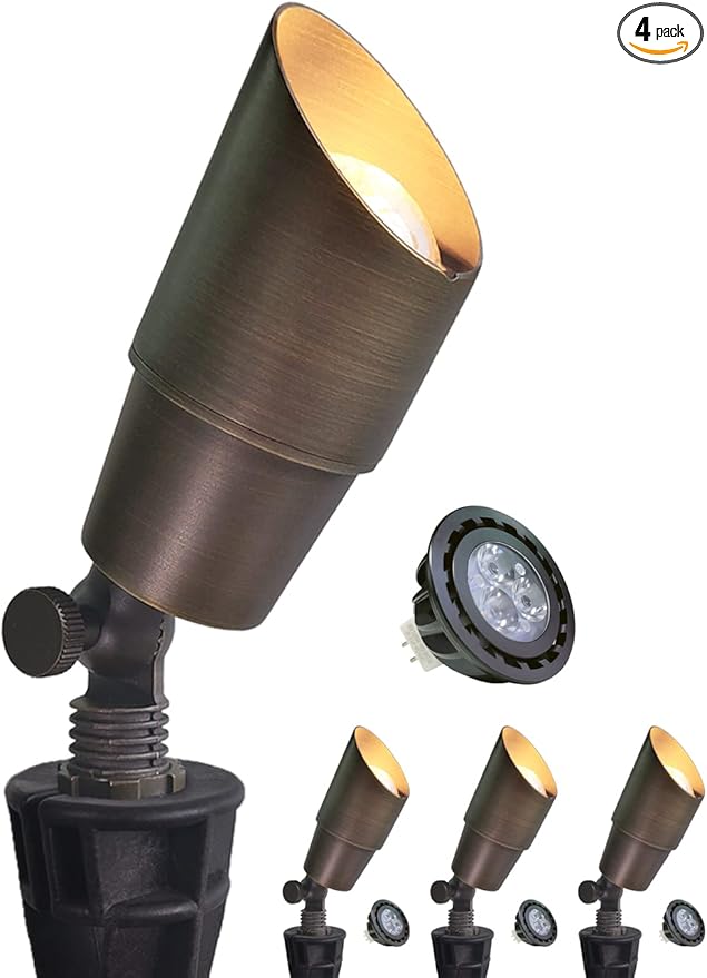 MALORY Brass Landscape Spotlight 4-Pack with Bulb(S01), Low Voltage 12V AC/DC LED Outdoor Landscape Lighting,PVC Ground Stake and Wire Connector Included, Garden Patio Trees Spot Uplight MALORY