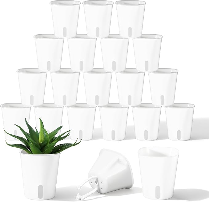 20 Pcs 3 Inch Self Watering Pots for Indoor Plants, White Plastic Self Watering Planters with Wicking Rope Visual Water Level & Vent Holes for Succulents, Flowers Indoor Outdoor Rootora