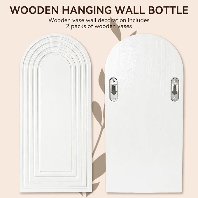 2 Pack Wooden Wall Vase Set, Boho Hanging Planter for Indoor Plants & Flowers, Wood Wall-Mounted Planters for Living Room, Modern Farmhouse Entryway or Bathroom, Rustic Art for Home (White) Rootora