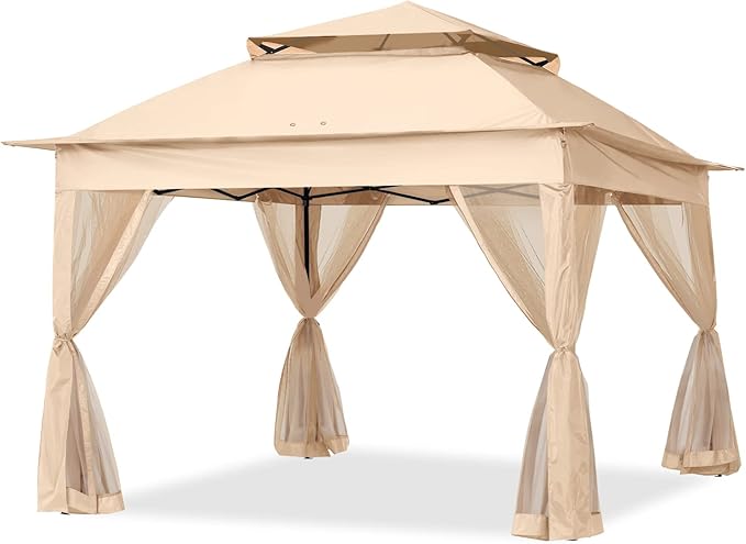 COOSHADE 11x11Ft Easy Pop Up Gazebo Tent Instant Outdoor Canopy Shelter with Mosquito Netting Walls(Khaki) COOSHADE