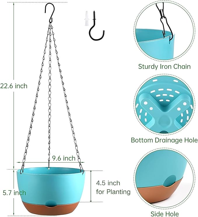 Hanging Planters for Indoor Plants, Set of 2 8/10 Inch Self-Watering Hanging Pots with Drainage Hole & Removable Water-Storage Tray II Screw-in Hooks Rootora
