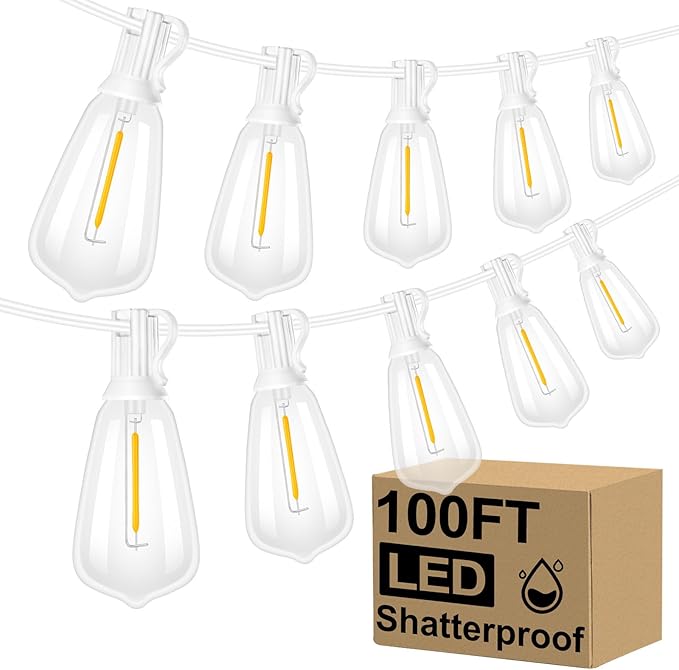 Brightever LED Outdoor String Lights,100FT Patio Lights with 52 Shatterproof ST38 Vintage Edison Bulbs 2700K Dimmable, Outside Hanging Light Waterproof for Porch Deck, Garden, Backyard, Balcony White Brightever