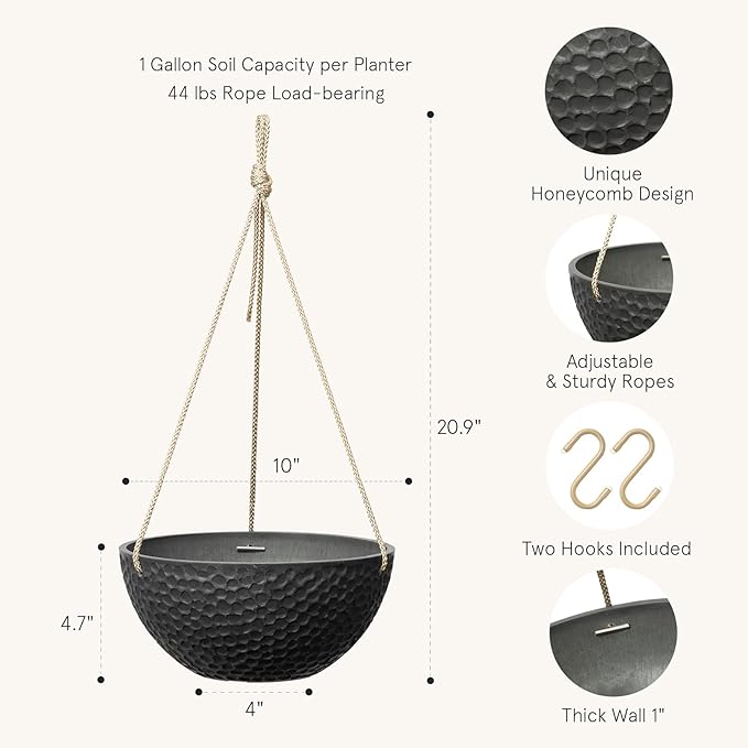 LA JOLIE MUSE Hanging Planters for Indoor Plants, Medium Hanging Planters with Drain Holes, Outdoor Hanging Flower Pots, Matte Black, Honeycomb (10 Inch, Set of 2) LaJol%C3%ADeMuse
