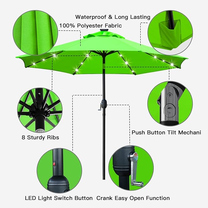 Sunnyglade 9' Solar LED Lighted Patio Umbrella with 8 Ribs/Tilt Adjustment and Crank Lift System (Grass Green) Sunnyglade
