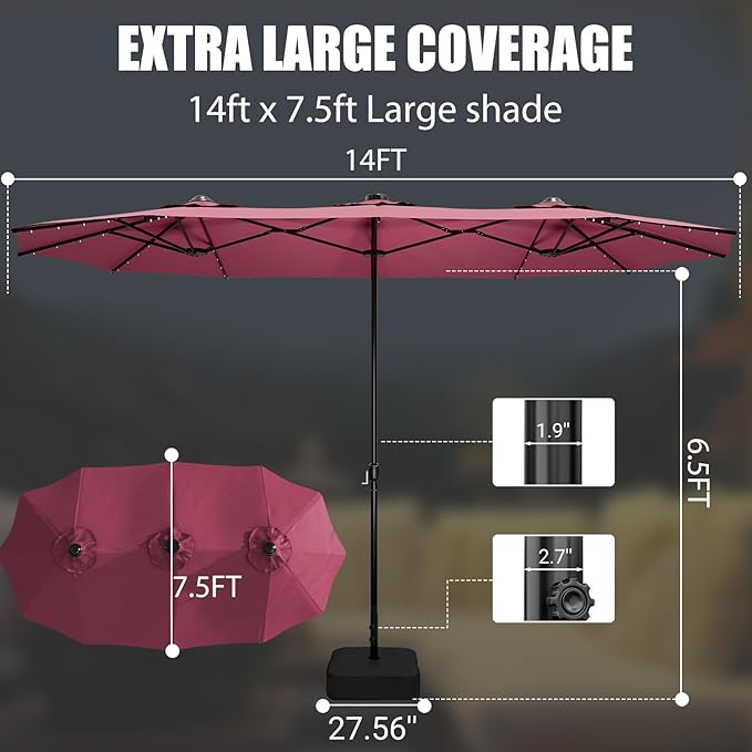 LEVELEVE 14FT Large Patio Umbrella with Base & Solar LED Lights - Double-Sided,Red Enjoyyourlife