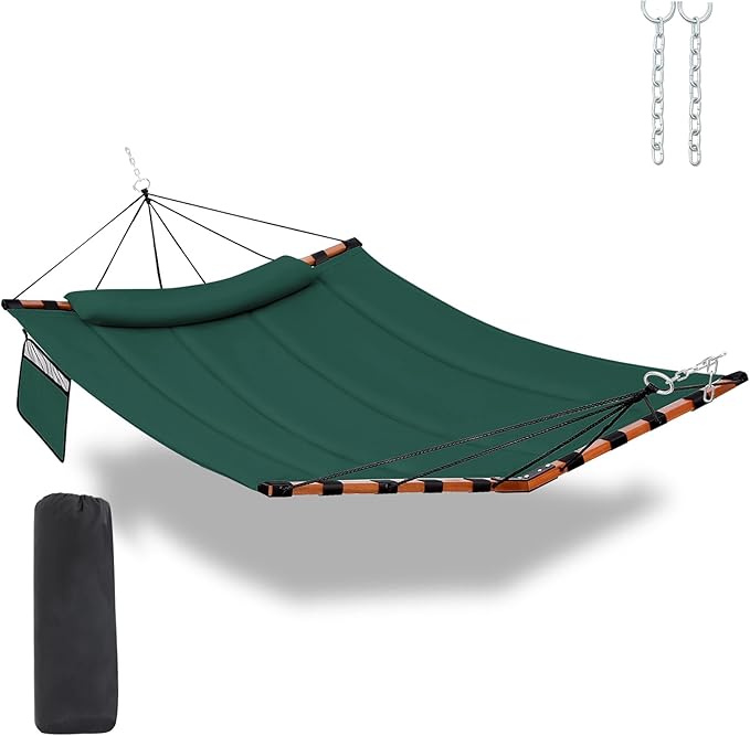 12FT 2 Person Hammock TegerDeger Large Hammock 450LB Capacity with V Shaped Hardwood Spreader Bar & Nylon Rope for Outside, Patio, Garden, Backyard, Beach, Poolside - Dark Green Tegerdeger