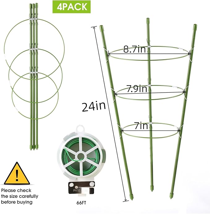 Kgozwon 4 Pack Tomato Cage Plant Support Cages for Garden, 24 inches Trellis for Climbing Plants, Upgrade Garden Plant Stakes with Adjustable Ring, Tomato Rings for Support, with Twist Tie Kgozwon