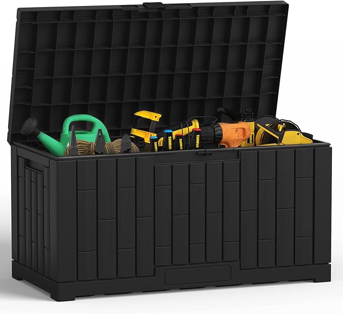 NEWBULIG 60 Gallon Deck Box, Waterproof Outdoor Storage Box with Lockable Lid, Patio Furniture Bench & Side Table, Outside Storage Container, Tool-Free Assembly, for Garden, Pool, Black NEWBULIG