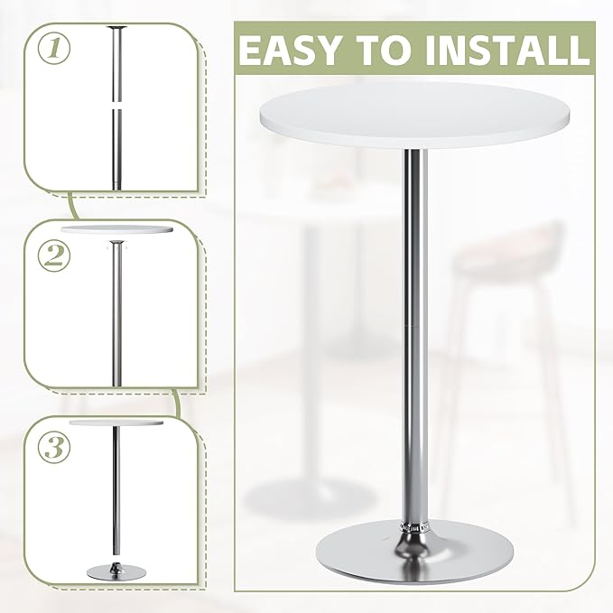 Flamaker Round Bistro Pub Table Modern Style Metal Base MDF Top Cocktail Bar Table Counter Bar Height for Pub, Dining Room, Party (1, White-Silver) Flamaker