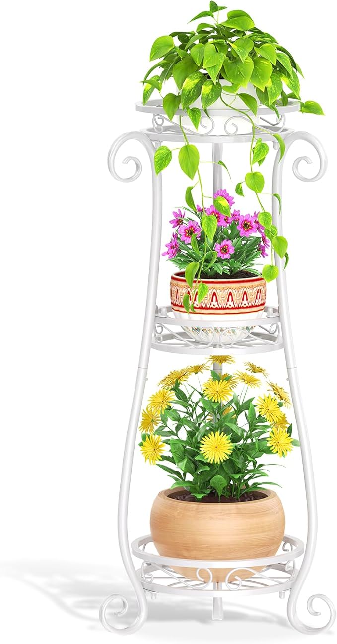 LASZOLA 3 Tier White Metal Plant Stand for Multiple Large Planters Indoor Outdoor Organizer, Heavy Duty Tall Flower Stand for Corner Patio Bathroom Office, Modern Sturdy Vertical Iron Rack, Cat Proof LASZOLA