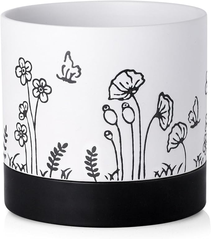 Nihow Ceramic Plant Pot: 6 Inch Planter with Drainage Hole & Saucer for Indoor & Outdoor Plants - Cylinder Round Flower Pot for Succulent/Herbs/Violets - White Nihow
