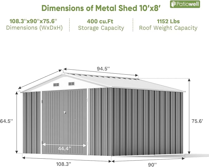 Patiowell 10 x 8 FT Outdoor Storage Shed, Large Garden Tool Metal Shed with Sloping Roof and Double Lockable Door, Outdoor Shed for Backyard Garden Patio Lawn,Grey Patiowell