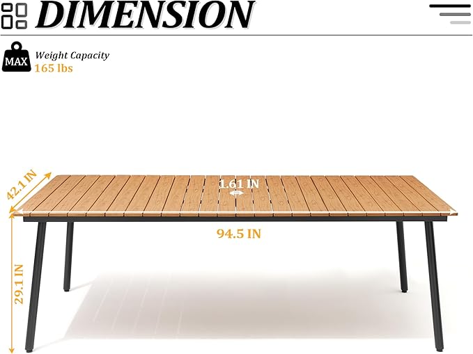 95" Patio Outdoor Dining Table for 8-10, Weather-Resistant Wood-Grain Top with Aluminum Frame & Umbrella Hole for Deck Gatherings, Brown VredHom