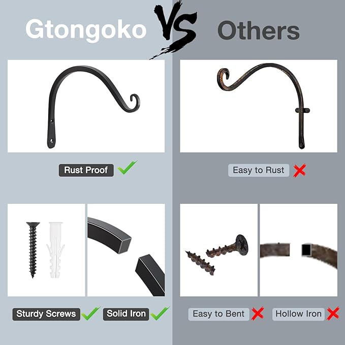 Gtongoko 2 Pack 8 Inch Plant Hangers Outdoor Metal, Plant Hooks for Wall Indoor, Outdoor Hooks for Hanging Bird Feeders, Plant Bracket, Lanterns, Wind Chinme, Black Gtongoko