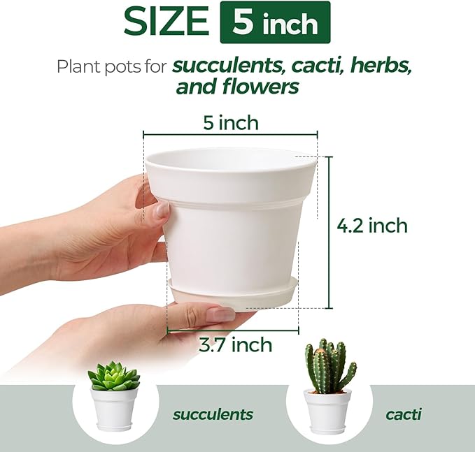 T4U Flower Pots 18-Pack, 5 Inch Plant Pot with Saucer and Drainage Hole, Durable Plastic Flower Pots, Small Pots for Plants, Violet, Succulent and Indoor Plant Decorative (18 Pack 5" Pot, White) T4U