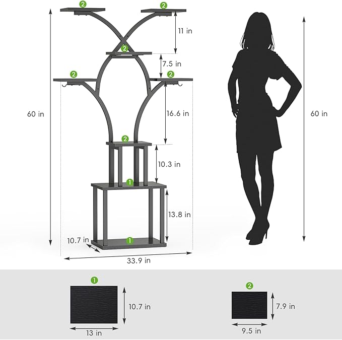 Elbourn Plant Stand Indoor with Grow Lights - 60" Tall Metal Plant Shelf for Multiple Plants, 8 Tiered Corner Plant Stands for Indoor Plants, X - Shaped Decorative Rack for Home, Living Room & Patio Decor (Black) Elbourn