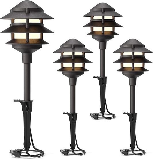 GOODSMANN Landscape Lighting 4PK Pathway Lights Low Voltage 2.2 Watt LED 12V AC Landscape Lights 30 Lumen Warm White with Cable Connectors Metal Stakes 9122-21102-04A GOODSMANN