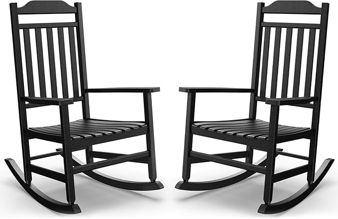 Patio Rocking Chair Outdoor Set of 2,Weather Resistant Poly Resin Oversized Porch Rocker,High Back Smooth Design,350lb Weight Capacity,Indoor Outdoor Use(2, Black) GYMHILL