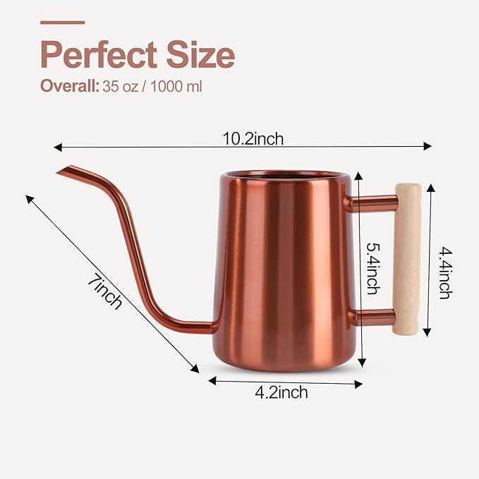 Watering Can Indoor Plants, 35 oz/1000 ml Metal Stainless Steel Watering Can Pot with Long Spout for Indoor House Plants Bonsai Outdoor Garden Flower Decorative (Copper) Rootora